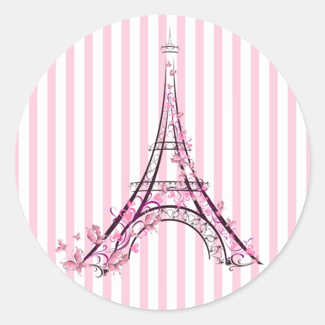 Rosa Herzen und Schmetterlinge Paris Eiffel Tower  Runder Aufkleber (Vorderseite)