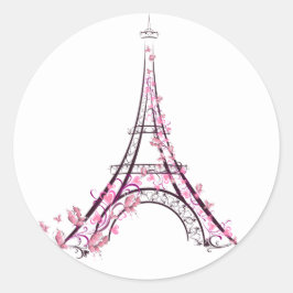 Rosa Herzen und Schmetterlinge Paris Eiffelturm Runder Aufkleber