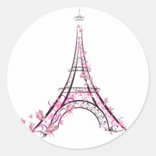 Rosa Herzen und Schmetterlinge Paris Eiffelturm Runder Aufkleber