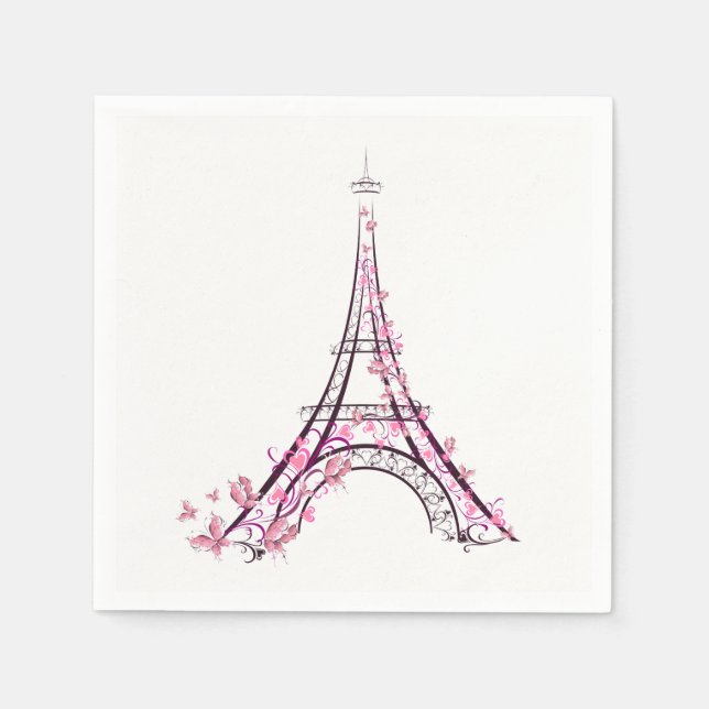 Rosa Herzen und Schmetterlinge Paris Eiffelturm Serviette (Vorderseite)