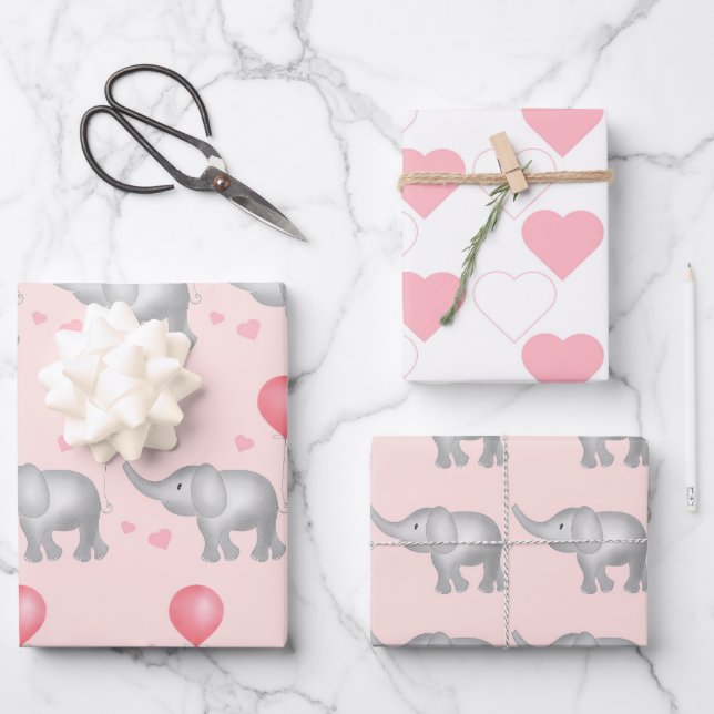 Rosa Herzen und Wasserfarben Elefantengeschenk Geschenkpapier Set (Vorderseite)