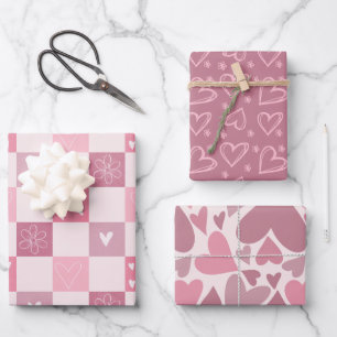 Rosa Herzen Valentinstag Liebe Retro Schachbrett Geschenkpapier Set