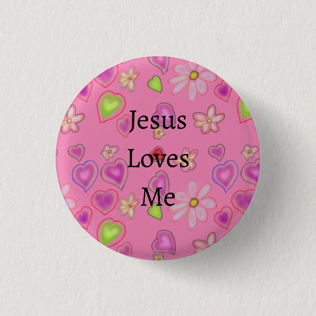 Rosa Herzen Weiße Blume Jesus Lieben Ich Button (Vorderseite)