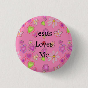 Rosa Herzen Weiße Blumen Jesus liebt mich Button