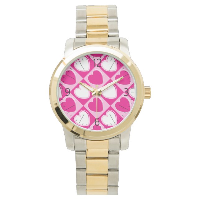 Rosa Herzmuster Armbanduhr (Vorderseite)