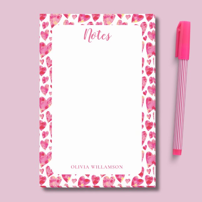Rosa Herzmuster für Anmerkungen Post-it Klebezettel (Pink love heart watercolor post-it notes pad, personalized with your own name)
