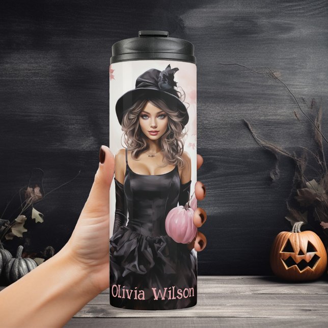 Rosa Hexe Halloween Personalisiert Thermosbecher (Von Creator hochgeladen)