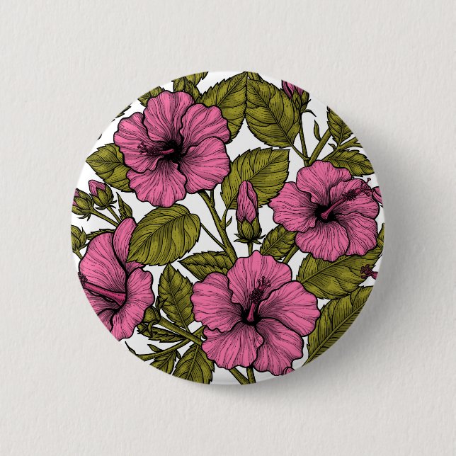 Rosa Hibiskus Blume Button (Vorderseite)