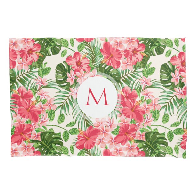 Rosa Hibiskus Blume Tropical Palm Monogram PCase Kissenbezug (Vorderseite)