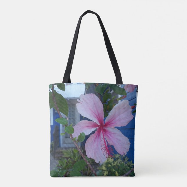Rosa Hibiskus Blume und blaue Hütte Tasche (Rückseite)