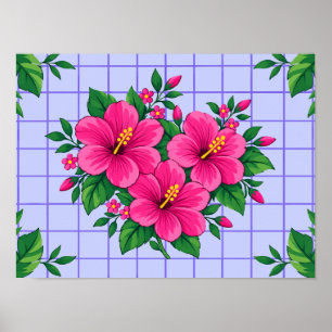 Rosa Hibiskus-Blumenstrauß mit grünen Blättern Poster