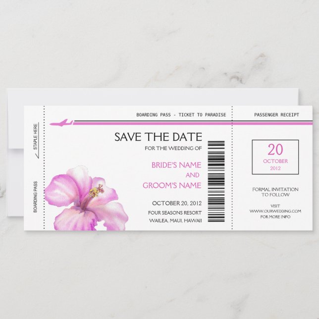 Rosa Hibiskus Boarding Pass auf die Datumskarten Save The Date (Vorderseite)