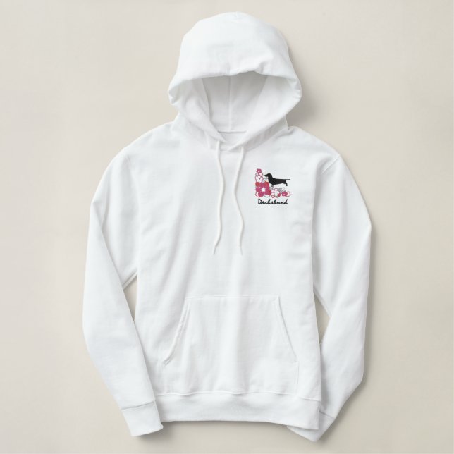 Rosa Hibiskus-Dackel Bestickter Hoodie (Design vorne)