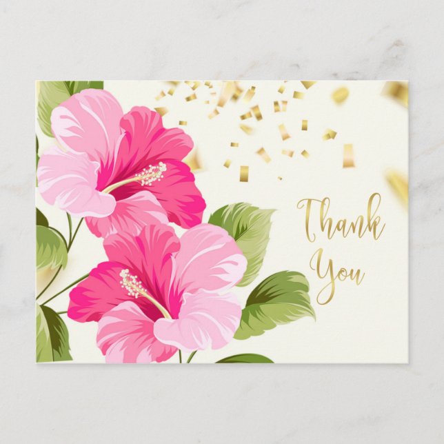 Rosa Hibiskus, goldener Konfetti Danke Postkarte (Vorderseite)