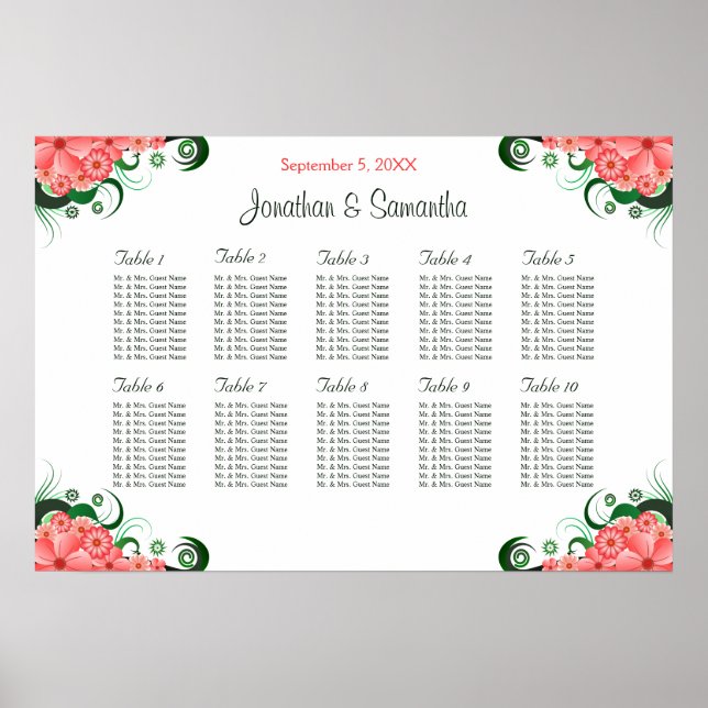 Rosa Hibiskus Hochzeit 10 Tische Sitzkarten Poster (Vorne)
