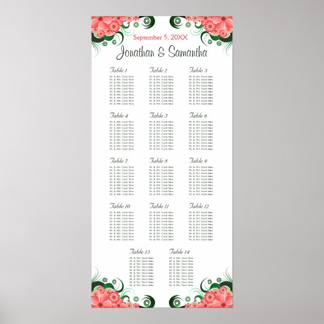 Rosa Hibiskus Hochzeit 14 Tische Sitzkarten Poster (Vorne)