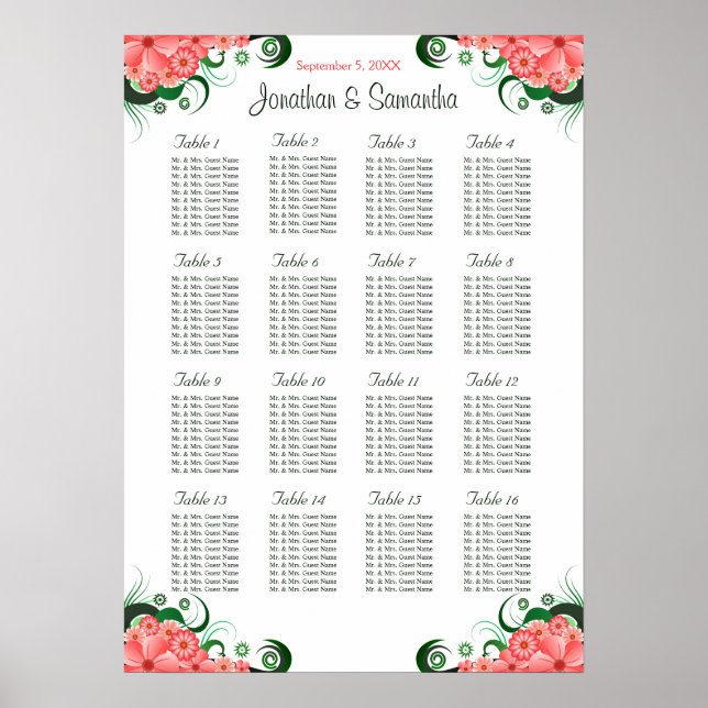 Rosa Hibiskus Hochzeit 16 Tische Sitzkarten Poster (Vorne)