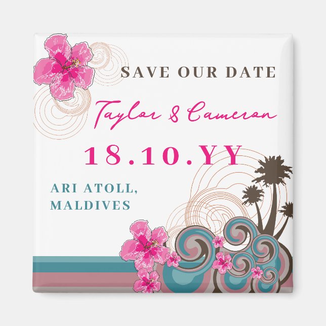 Rosa Hibiskus Tropical Waves Beach Save the Date Magnet (Vorne)