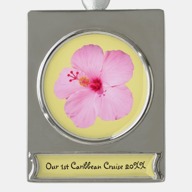 Rosa Hibiskus Tropische Blume Banner-Ornament Silber (Vorderseite)