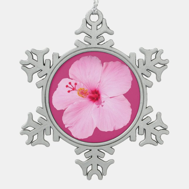 Rosa Hibiskus Tropische Blume Schneeflocken Zinn-Ornament (Vorderseite)