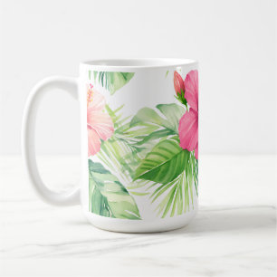 Rosa Hibiskus-Tropische-Palm-Wasserfarbe Kaffeetasse