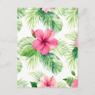 Rosa Hibiskus-Tropische-Palm-Wasserfarbe Postkarte