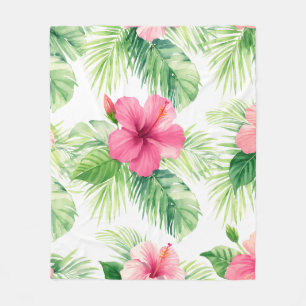 Rosa Hibiskus Tropische Palme Aquarell Fleecedecke