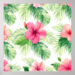 Rosa Hibiskus Tropische Palme Aquarell Poster