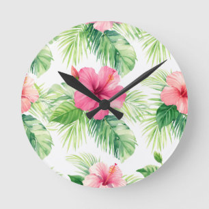 Rosa Hibiskus Tropische Palme Aquarell Runde Wanduhr