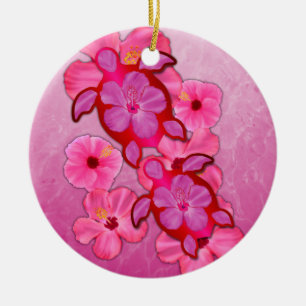 Rosa Hibiskus und Honu Schildkröten Keramikornament