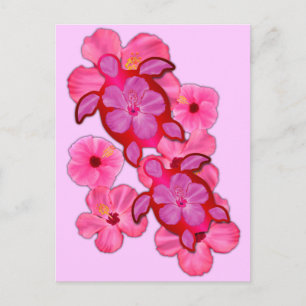 Rosa Hibiskus und Honu-Schildkröten Postkarte