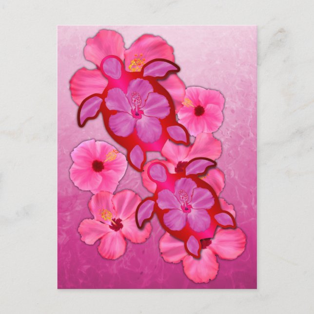 Rosa Hibiskus und Honu Schildkröten Postkarte (Vorderseite)