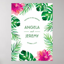 Rosa Hibiskus und tropische Blätter Hochzeit Poster