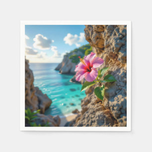 Rosa Hibiskus wächst auf einer felsigen Klippe Serviette