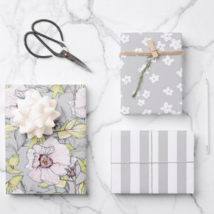 Rosa Hibiskus-Wildblume Grau-Weiß-Streifen Geschenkpapier Set