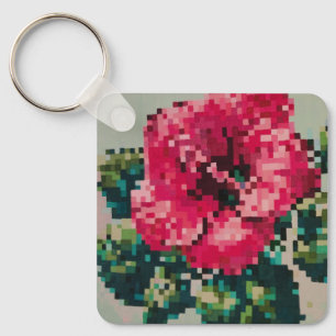 Rosa Hibiskusblüte in Pixel-Art Schlüsselanhänger