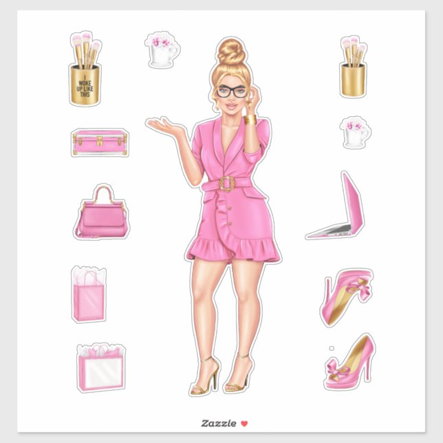 Rosa High Fashion Blonde Women Planner Decks Aufkleber (Blatt)