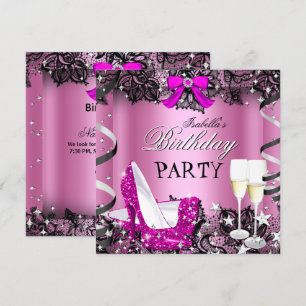 Rosa High Heel Champagner Schwarz Spitze Geburtsta Einladung