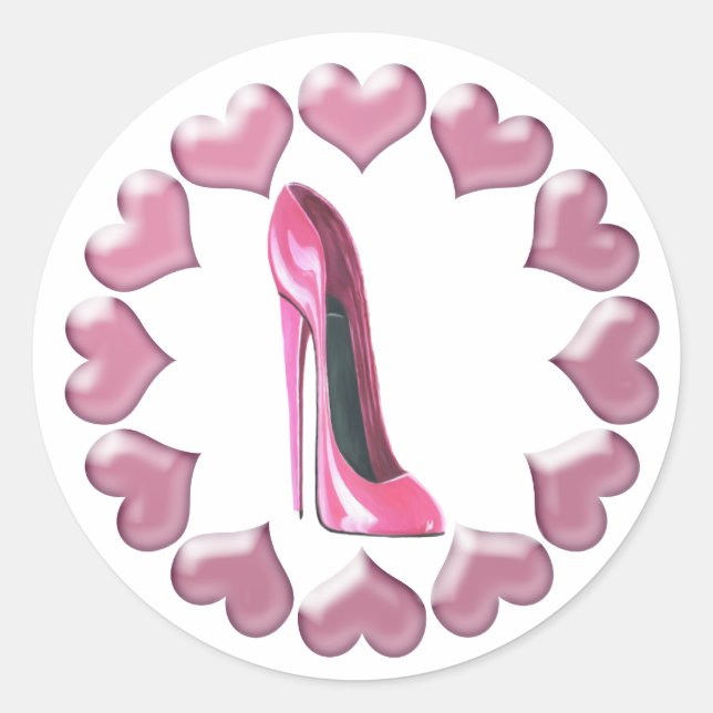 Rosa High Heel Stiletto Shoe Art & Hearts Runder Aufkleber (Vorderseite)