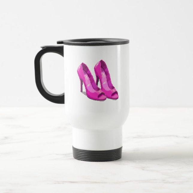 Rosa High Heels im 64-Bit-Pixel-Art-Stil Reisebecher (Links)
