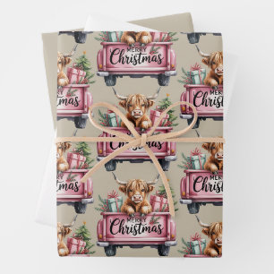 Rosa Highland-Kuh Weihnachten Mädchen Fluffige Kuh Geschenkpapier Set