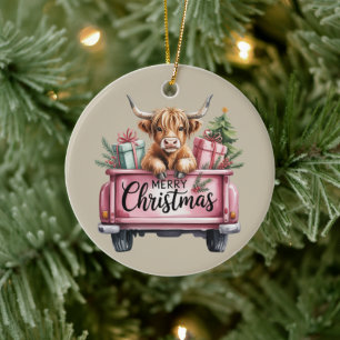 Rosa Highland-Kuh Weihnachten Mädchen Fluffige Kuh Keramik Ornament