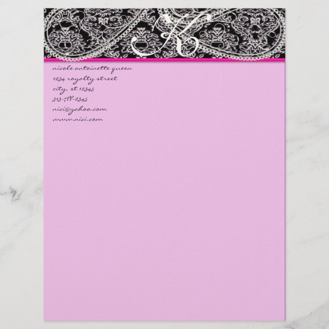 Rosa Himbeere Monogram Letterhead Black Paisley Briefbogen (Vorderseite)