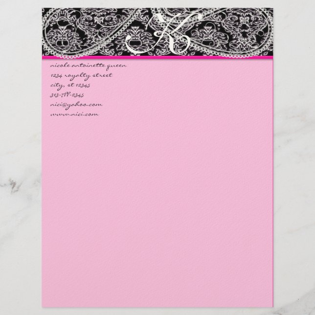 Rosa Himbeere Monogram Letterhead Black Paisley Briefkopf (Vorderseite)