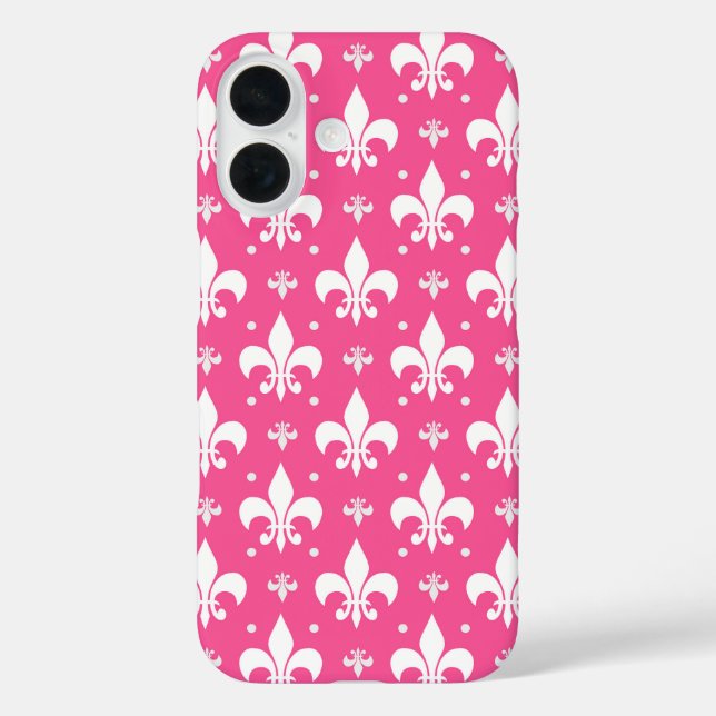 Rosa Hintergrund Fleur-de-lis-Muster iPhone 16 Hülle (Rückseite)