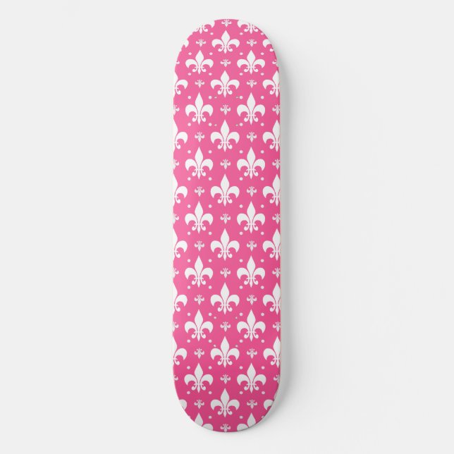 Rosa Hintergrund Fleur-de-lis-Muster Skateboard (Vorderseite)