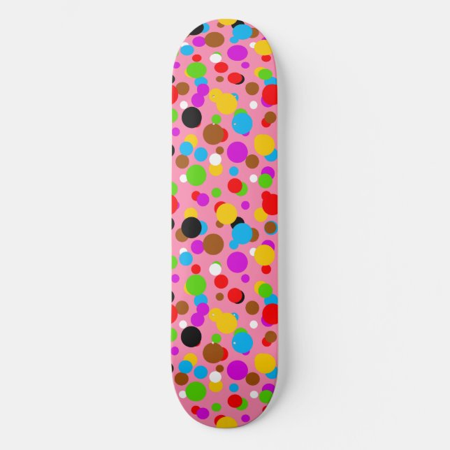Rosa Hintergrundfarbe farbige Polka Punkte Skateboard (Vorderseite)