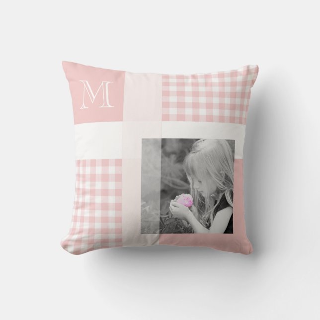 Rosa Hinzufügen Ihres Fotos Gingham Modern Monogra Kissen (Vorderseite)