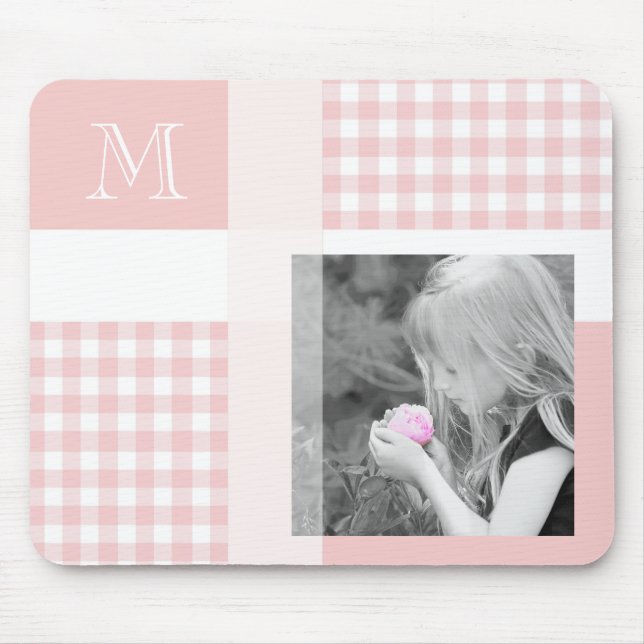Rosa Hinzufügen Ihres Fotos Gingham Modern Monogra Mousepad (Vorne)