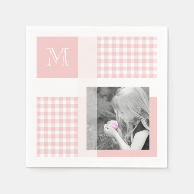Rosa Hinzufügen Ihres Fotos Gingham Modern Monogra Serviette (Vorderseite)